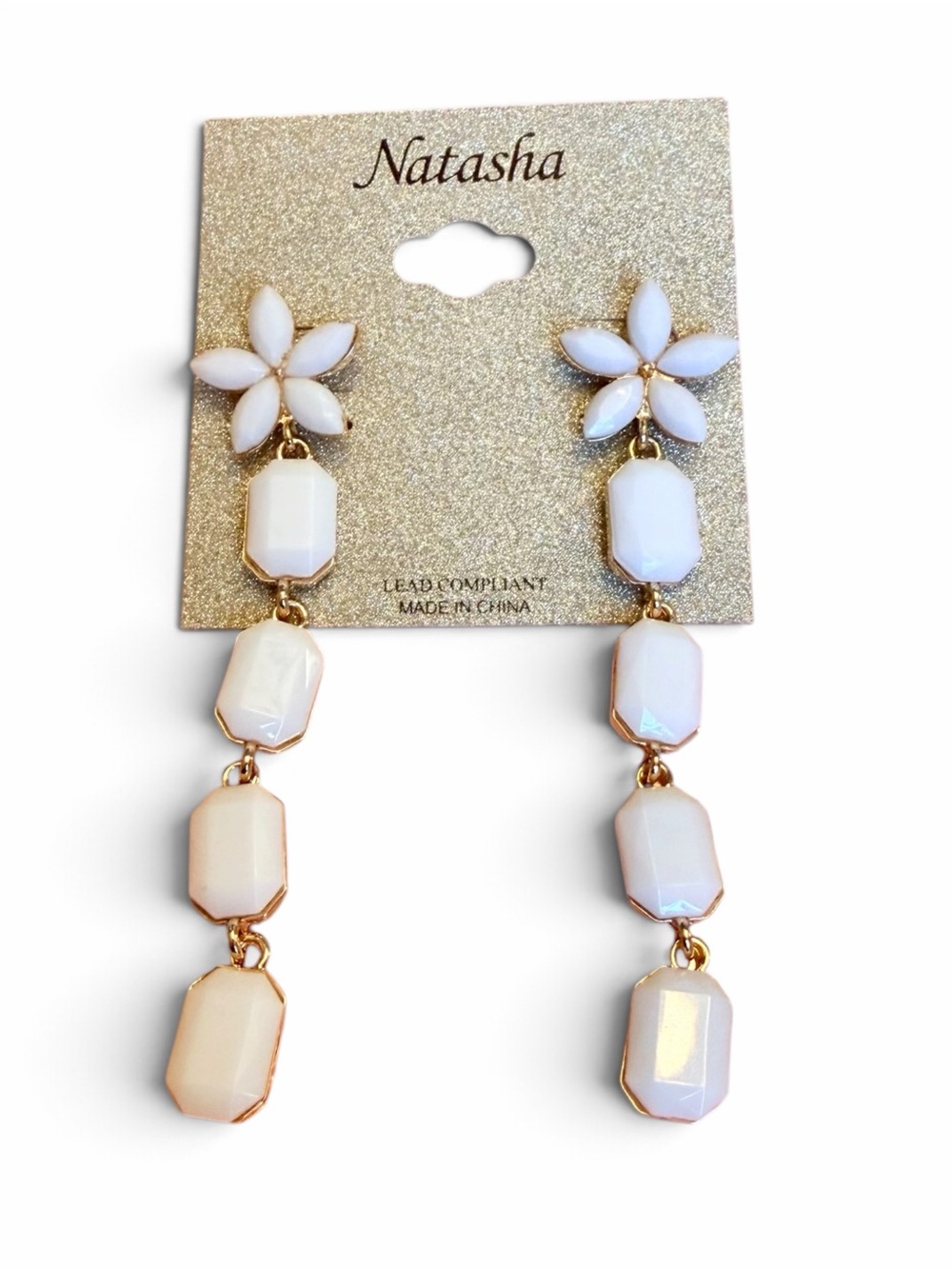 Natasha White and Gold Floral Drop Earrings 3”L - NWOT